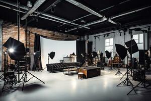 interieur van een foto studio met verlichting uitrusting en professioneel apparatuur, interieur van modern foto studio met professioneel apparatuur, ai gegenereerd