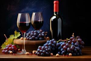wijn samenstelling. bril van rood en wit wijn, bundel van druiven en kurketrekker Aan donker achtergrond, sappig blauw druiven en flessen van rood wijn Aan een bruin achtergrond, ai gegenereerd foto