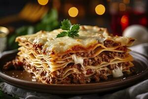traditioneel Italiaans voedsel lasagne met vlees saus. ai gegenereerd foto