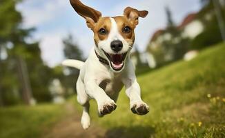 jack russel dominee hond rennen richting de camera laag hoek hoog snelheid schot. ai gegenereerd foto