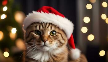 ai gegenereerd kat vervelend een de kerstman hoed foto