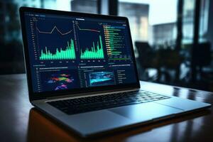 laptop met financieel markten analyse Aan scherm. generatief ai foto