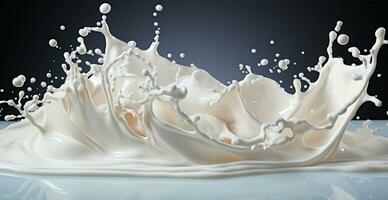 spatten van melk, vers koe wit melk - ai gegenereerd beeld foto
