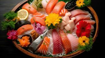 een sashimi schotel van rauw vis vreugde. generatief ai foto