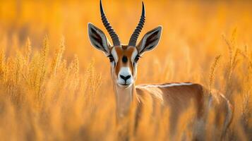 wild Afrikaanse dieren. de springbok in hoog geel gras. generatief ai foto