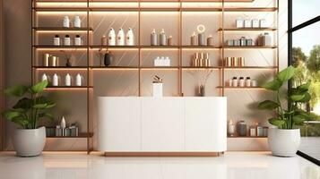 realistisch, elegant en elegant schoonheid salon winkel interieur, aantrekkingskracht roos goud producten Scherm schappen en teller met groen decor planten, generatief ai foto