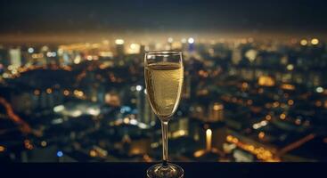 Champagne Aan een wolkenkrabber met stadsgezicht magie. generatief ai foto