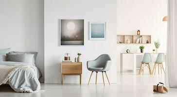 hedendaags comfort - stoel en tafel reeks in een wit Open ruimte interieur. generatief ai foto