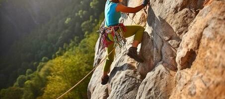 vrouw rots klimmer overwinnen de klif. generatief ai foto