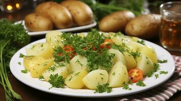 gemakkelijk elegantie - gekookt aardappelen stukken met groenten Aan wit bord. generatief ai foto