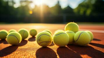 sommige van tennis ballen Aan de rechtbank Bij zonnig dag. generatief ai foto