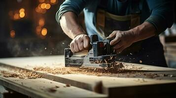 van ruw naar verfijnd. bouwen houten planken met een elektrisch schaafmachine. generatief ai foto