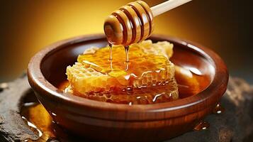 dik biologisch honing van een houten lepel. honing motregen in een houten schaal. generatief ai foto