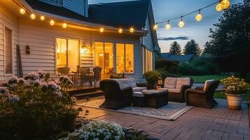 zomer avond Aan de patio van mooi buitenwijk huis met mooi tuin. generatief ai foto