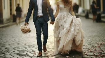 intiem momenten - de bruid en bruidegom gaat verder Aan de bestrating en wandelen, Holding handen Aan een wandeling langs de straat in de stad. generatief ai foto