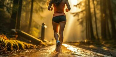 vrouw rennen in haar sportschoenen door de Woud met zonlicht vooruit. generatief ai foto