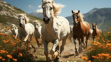 kudde van paarden loopt tussen bergen bloemen velden zonlicht achtergrond. generatief ai foto