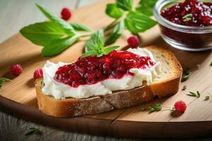 bruschetta met framboos jam en Camembert Aan houten snijdend bord. top visie. generatief ai foto