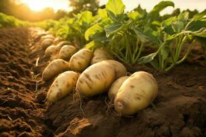 geoogst aardappelen in een boerderij veld- Aan bruin aarde. concept van voedsel teelt. ai gegenereerd foto