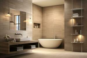modern badkamer met bad en schappen in beige kleuren. generatief ai foto