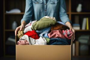 vrijwilliger houdt een kleren bijdrage doos gevulde met kleding en huishouden artikelen. generatief ai foto