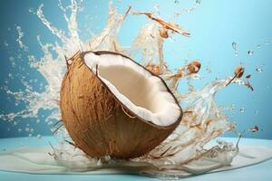 een verpletterd kokosnoot met melk spatten in de achtergrond. generatief ai foto