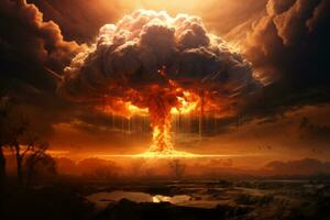 vreselijk atomair explosie van een nucleair bom met een paddestoel wolk van radioactief stof. waterstof bom testen. generatief ai foto