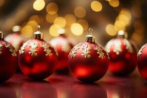 rood glanzend Kerstmis kerstballen. nieuw jaar groet kaart Aan wazig lichten achtergrond. generatief ai foto