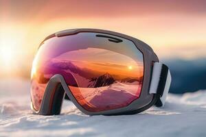 sneeuw bril met stralen van de instelling zon. winter sport- apparatuur. generatief ai foto