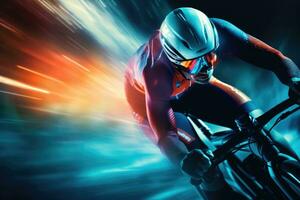 fietser atleet rijden een ras Bij hoog snelheid, kleurrijk volumetrisch verlichting. ai gegenereerd foto