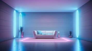 leeg muur in een futuristische sci fi leven kamer met licht geel, licht cyaan, en licht blauw neon. ai generatief foto