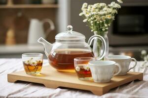 houten dienblad met theepot, cups van natuurlijk kamille thee en bloemen Aan tafel. generatief ai foto