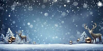 hert staand in winter sneeuw achtergrond met Kerstmis boom. vrolijk Kerstmis en gelukkig nieuw jaar. ai gegenereerd foto