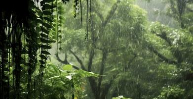 regen valt in een regenwoud met de regen druppels. generatief ai foto