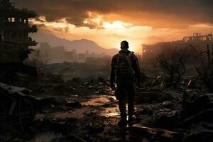 silhouet van een Mens in voorkant van een vernietigd gebouw, eenzaam soldaat wandelen in vernietigd stad, ai gegenereerd foto