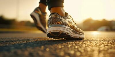 dichtbij omhoog Aan de schoen, loper atleet voeten rennen Aan de weg onder zonlicht in de ochtend. ai generatief foto