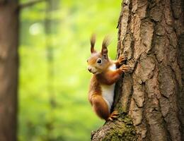 mooi eekhoorn Aan een boom in een Woud park in de zomer. generatief ai foto