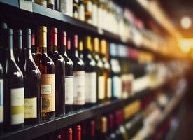 abstract vervagen wijn flessen Aan likeur alcohol schappen in supermarkt op te slaan achtergrond. generatief ai foto