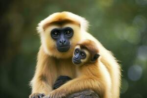 dichtbij beeld van wangedrocht gibbon aap moeder met een kind in de Woud. generatief ai foto