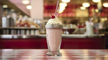 kers milkshake in een klassiek Amerikaans diner. voedsel fotografie concept. generatief ai foto