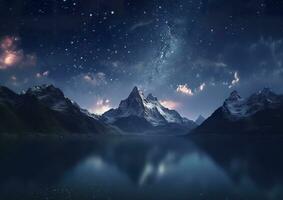 de melkachtig stijgende lijn in de nacht lucht over- de bergen, landschappen, ai generatief foto
