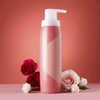 amazon Product afbeelding lichaam wassen, cilinder fles solide kleur roze achtergrond, met rozen, ai generatief foto