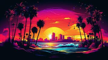 ansichtkaart van Californië, palmen en gebouwen Bij zonsondergang. neon stijl foto