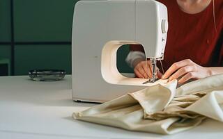 vrouw handen leidend kleding stof door wit naaien machine Aan houten tafel foto