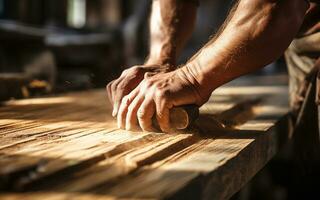 ambachtelijk Bij werk, ruw handen schuren licht gekleurd hout in een zonovergoten werkplaats foto