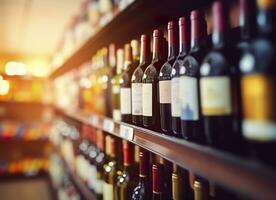 abstract vervagen wijn flessen Aan likeur alcohol schappen in supermarkt op te slaan achtergrond. generatief ai foto