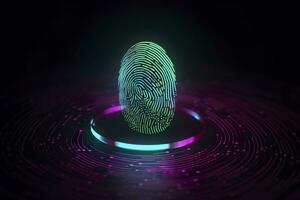 vingerafdruk authenticatie knop. biometrisch veiligheid. identificatie en cyber veiligheid concept. gloeiend neon vingerafdruk Aan donker achtergrond. ai generatief foto