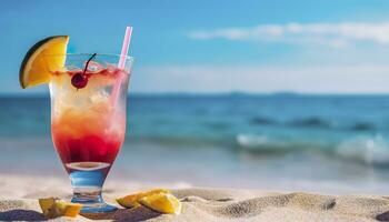 cocktail glas Aan de zanderig strand in de buurt de zee in zomer tijd. generatief ai foto