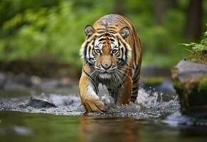 amur tijger wandelen in de water. gevaarlijk dier. dier in een groen Woud stroom. generatief ai foto