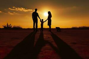 schaduw van gelukkig familie samen, ouders met hun weinig baby Bij zonsondergang. een silhouet van liefde en eenheid. ai generatief foto